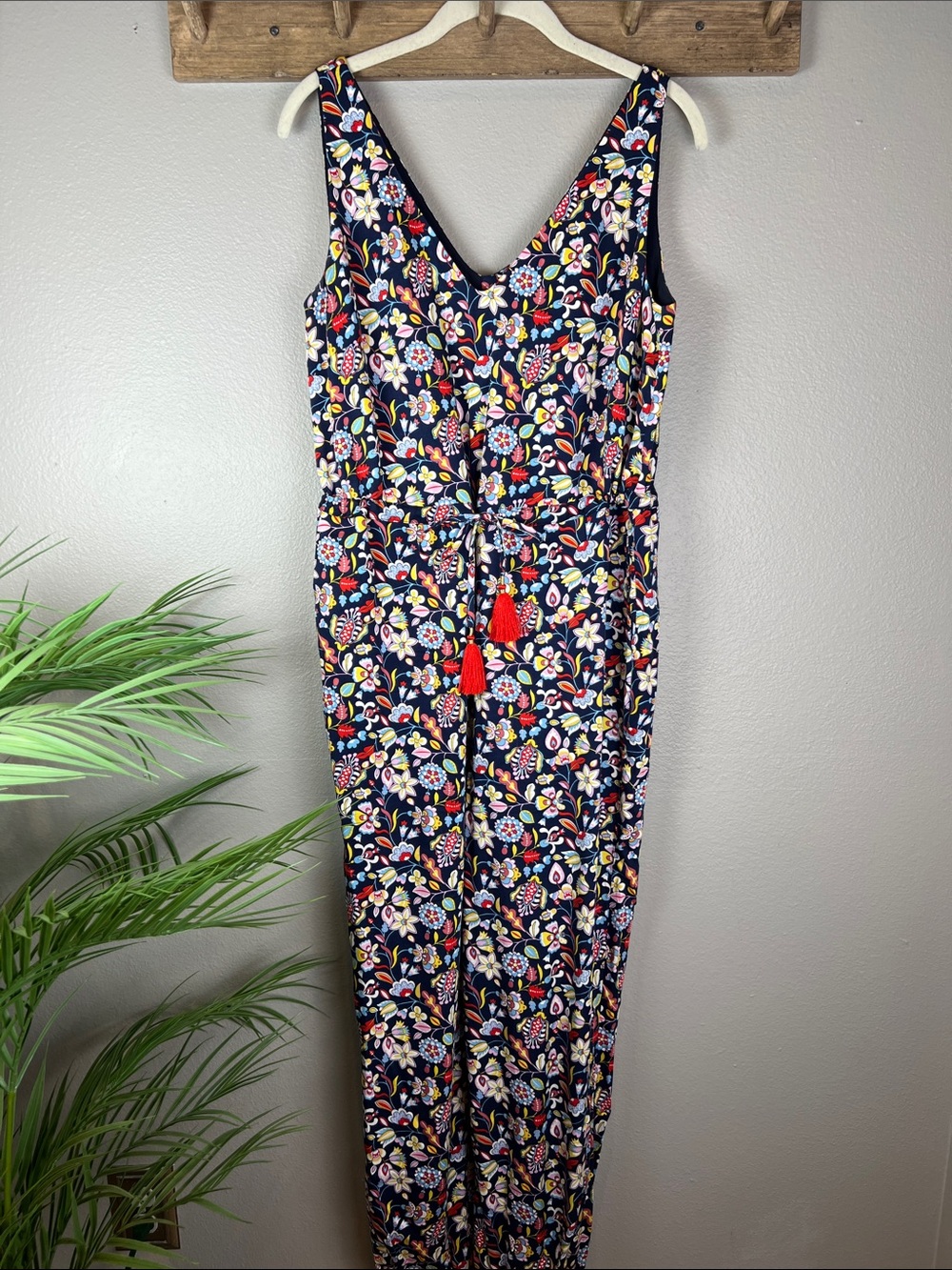 Boden Cecelia Navy Blue Floral Jumper Romper with Red Tassels 6 - Picture 2 of 15
